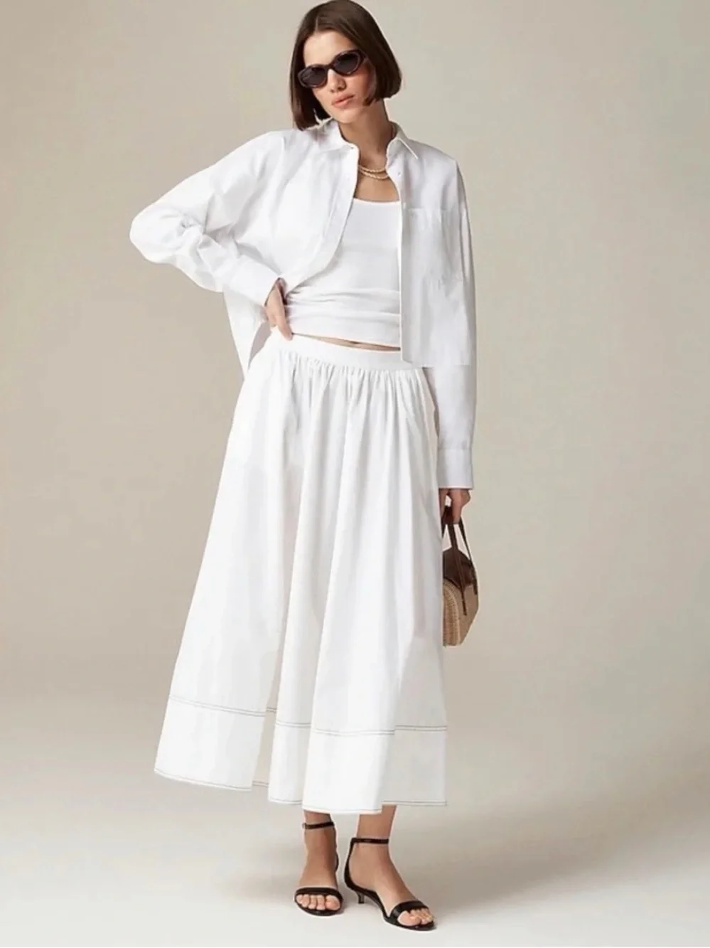 J.Crew Contrast Stitch Midi Skirt in Cotton Poplin
